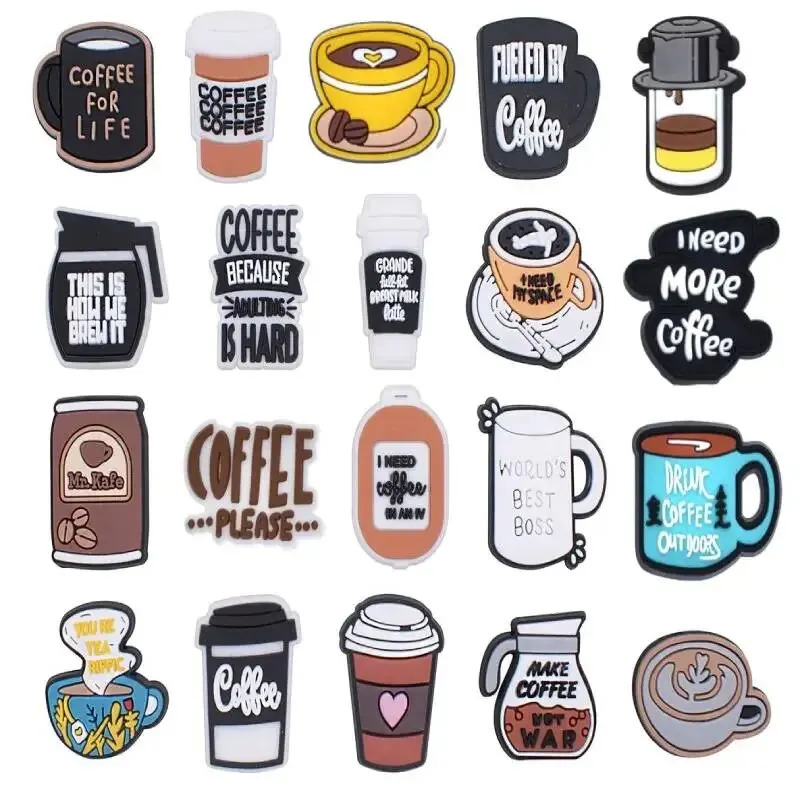 20pcs Coffee Cup Series Shoe Charms for Clogs Bogg Bag Bubble Slides Sandals PVC Shoe Decorations Accessories EVA Beac 240506