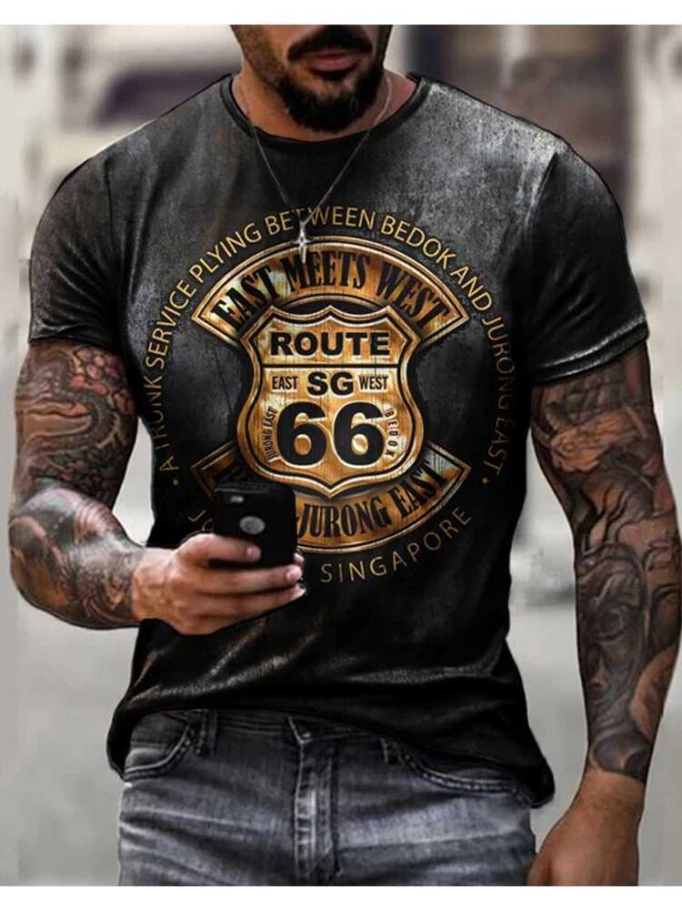 Men's T-Shirts 2023 Summer Mens T-shirt Route 666 3D Printed Short Slve Fashion Oversized Loose Tops Ts O-Neck Casual Retro Men Clothing T240505