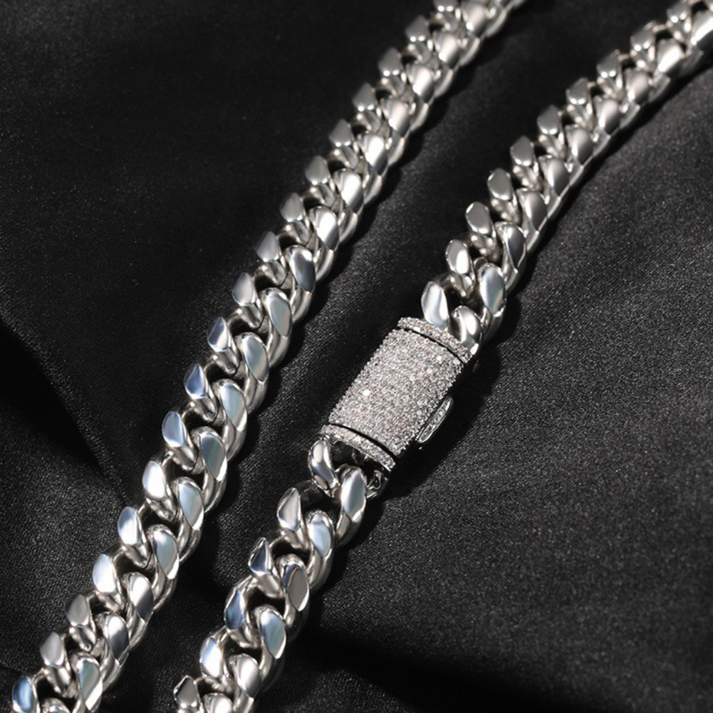 8-12mm Hip Hop Stainless Steel Miami Cuban Chain Bracelet Zircon Clasp Mens Necklace Jewelry