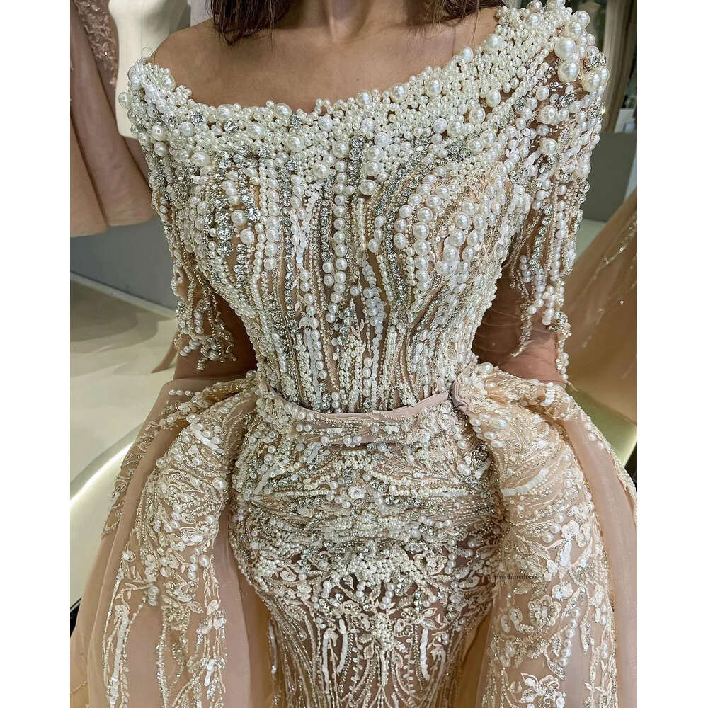 Mermaid Prom Dresses Long Sleeves Bateau Appliques Sequins Beaded Or Length Lace Detachable Train Pearls Evening Dress Bridal Gowns Plus Size Custom M