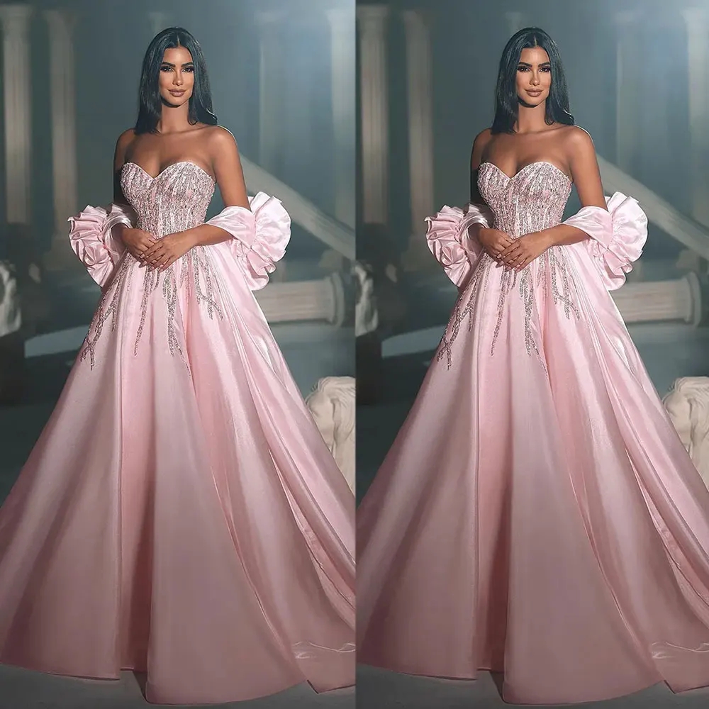 2024 Pink Sweetheart Wedding Dress Princess A e Satin Beads Sequins Bridal Bride Gowns With Wrist Corsages Custom Made Vestios De Novias