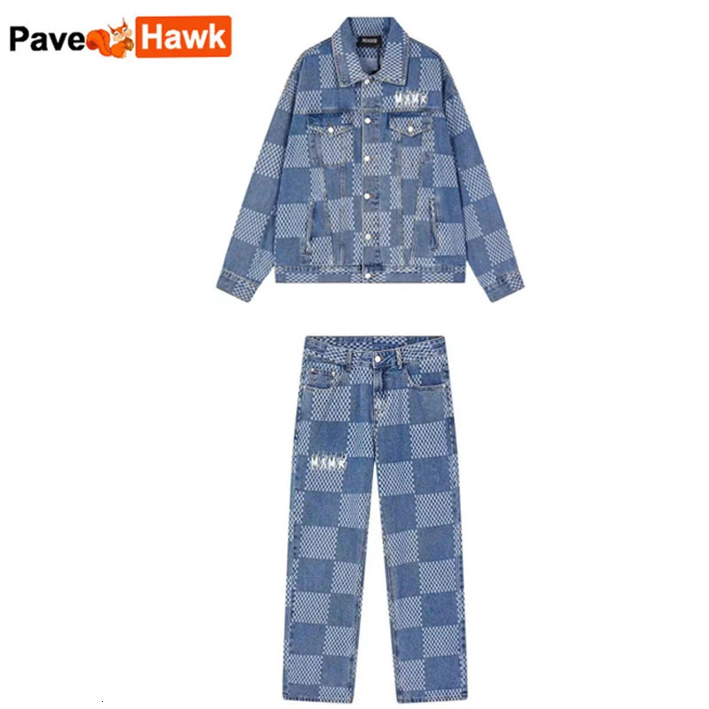 Autumn Denim Set Men Women Plaid Patchwork Lapel Denim Jacket Wide Leg Straight Jeans Mens Casual Loose Two Piece Suit Unisex 240426