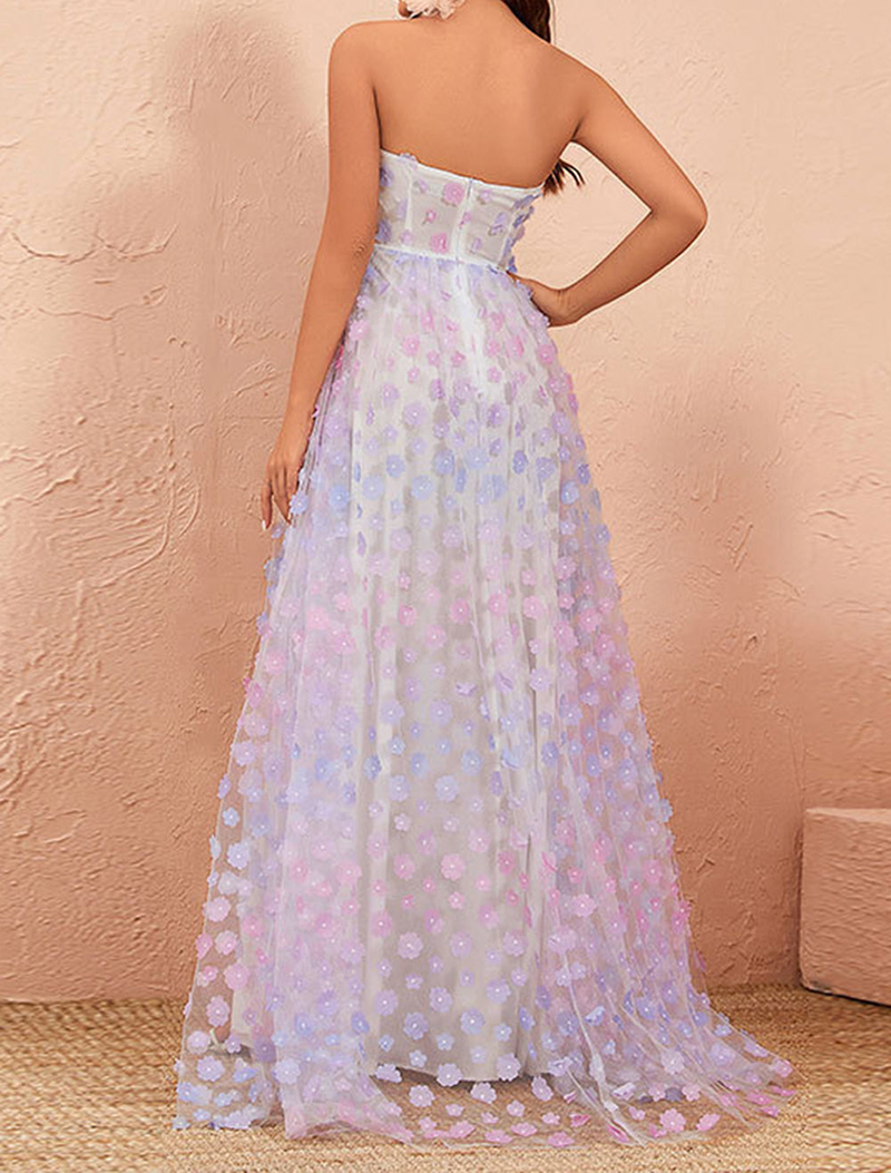 Summer A-Line Prom Strapless Sleeveless Floor Length Flowers Lace Side Split Ruffle Pick-ups Celebrity Evening Dresses Plus Size Custom Made B5007 050