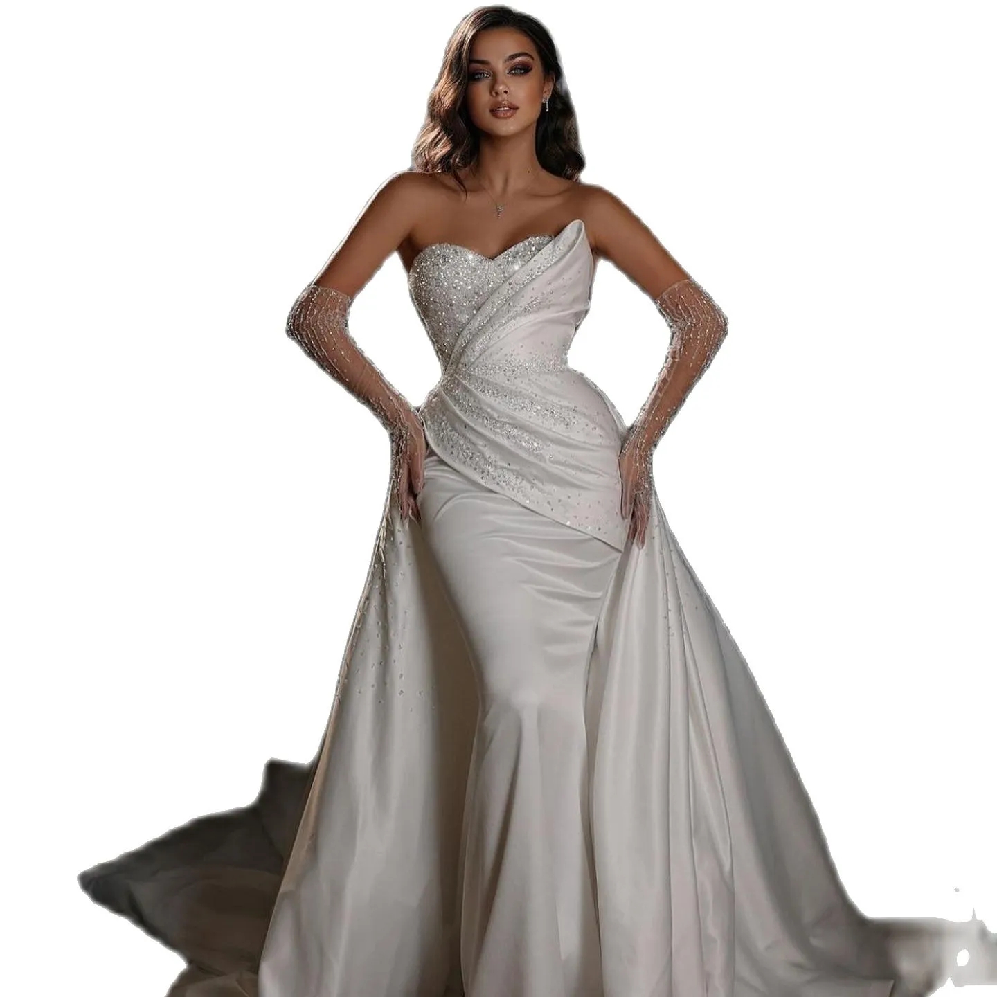 Sparkly Sequins Mermaid Wedding Dress 2024 Princess Sweetheart Beads Satin Sereia Bridal Gowns NO GLOVES Vestidos De Noivas