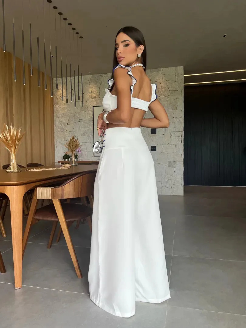 Two Piece Set With Pants Summer Elegant Solid Women Deep V Square Collar Sexy Short Top Wide Leg Pants Suit Office Lady Clothing 240506
