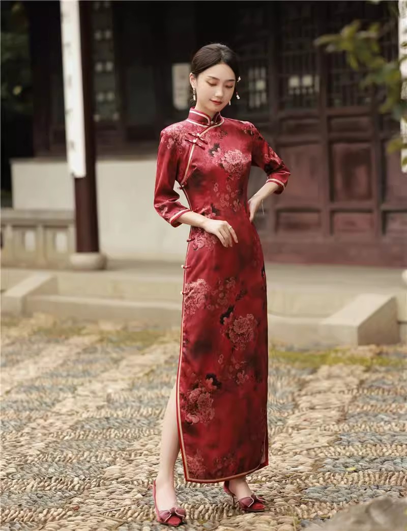 Trational Cheongsam Maxi Dress Sexy Long Split Chinese Qipao Slim Evening Party Dress