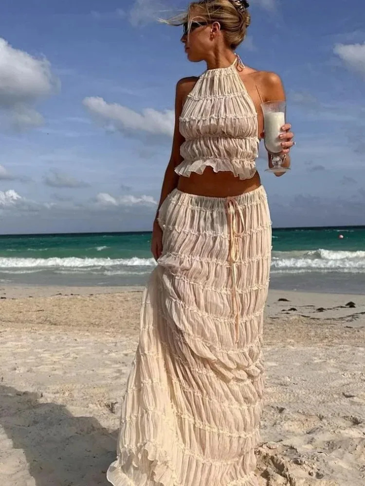 Sexy Skirts Set Women Elegant Backless Hollow Out Sling Tops Female Summer Fold Solid Drawstring Fashion Beachwear Lady 240423