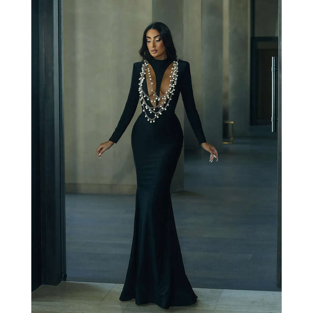 Mermaid Jewel Long Prom Dresses Sleeves Sexy Hollow Pearls Chain Or Length Backless Zipper Custom Made Plus Size Party Dress Vestido De Noite 6660306