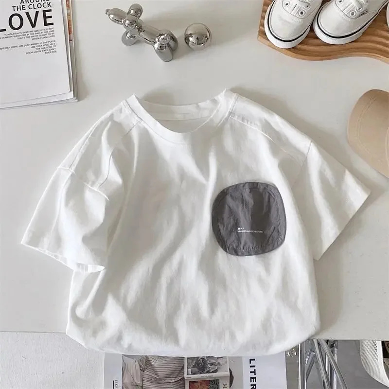 2024 Summer Boy Children Patch Hip Hop Short Sleeves T-shirt Girl Baby Loose Casual Tops Kid Cotton Tees Fashion Toddler Clothes 240506
