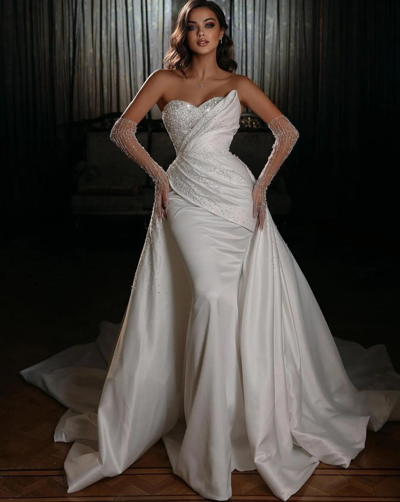 Sparkly Sequins Mermaid Wedding Dress 2024 Princess Sweetheart Beads Satin Sereia Bridal Gowns NO GLOVES Vestidos De Noivas