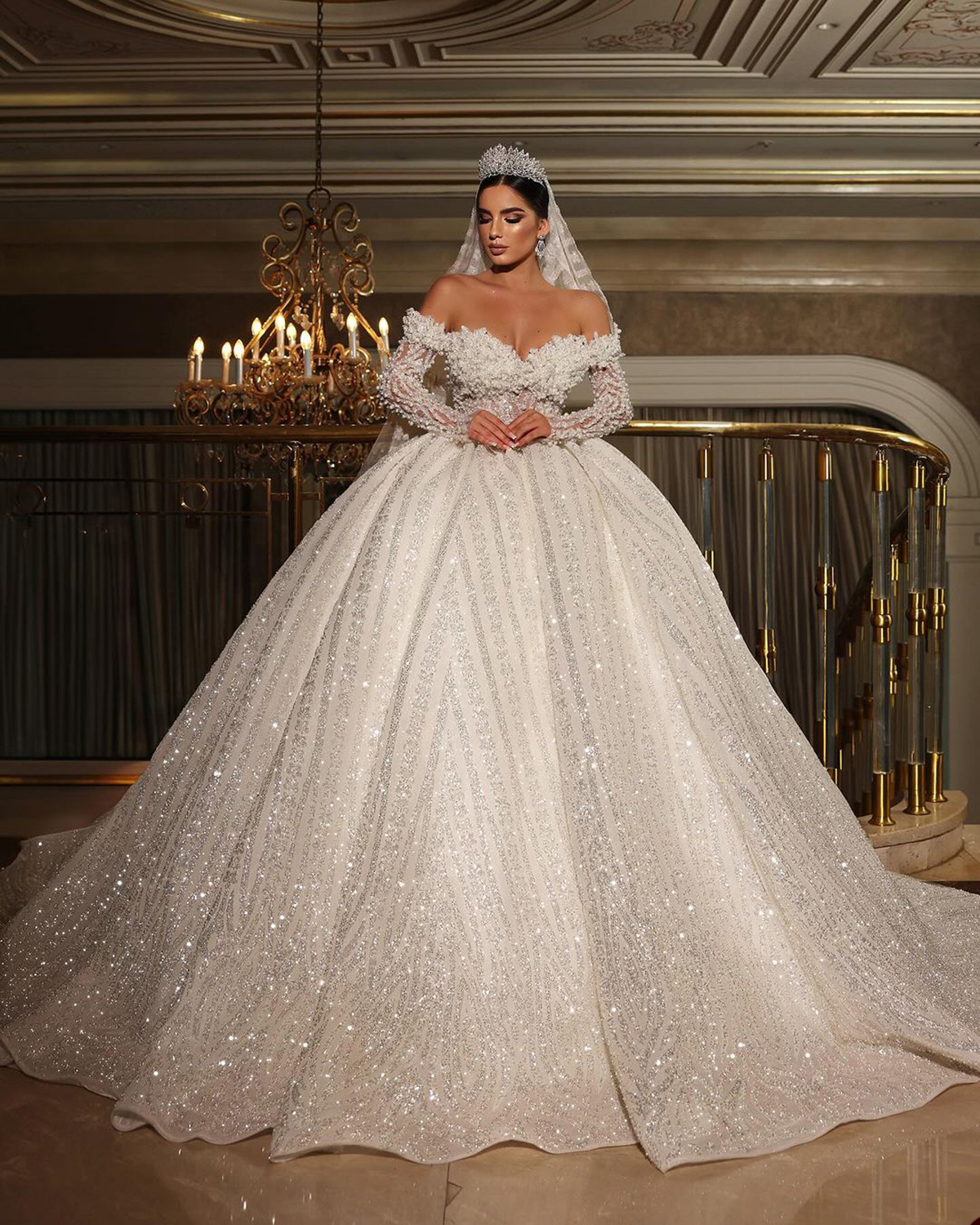 urious Off The Shoulder Ball Gown Wedding Dresses Sexy Long Sleeve Beading Pearls Bridal Gowns Glitter Sequins Vestido de novia