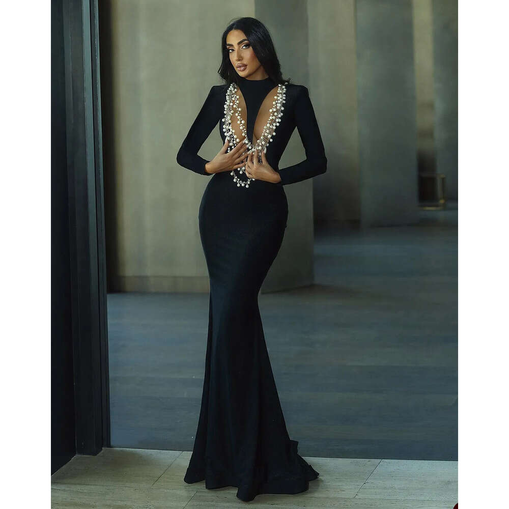 Mermaid Jewel Long Prom Dresses Sleeves Sexy Hollow Pearls Chain Or Length Backless Zipper Custom Made Plus Size Party Dress Vestido De Noite 6660306