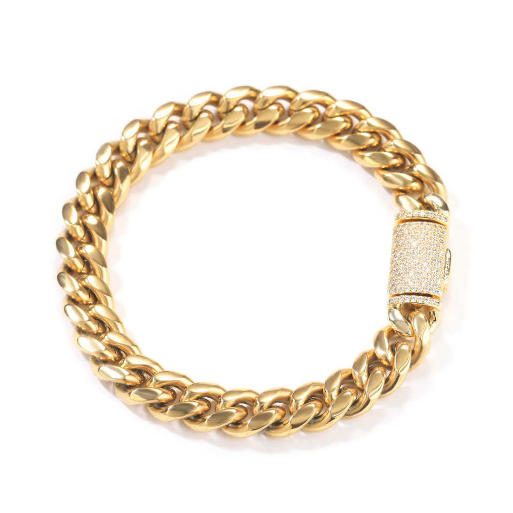 8-12mm Hip Hop Stainless Steel Miami Cuban Chain Bracelet Zircon Clasp Mens Necklace Jewelry