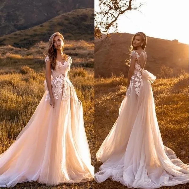 Elegant Open Back Wedding Dresses gowns 2024 Capped Sleeves Lace Appliques Summer Garden Boho Tulle Bridal Gowns With Train