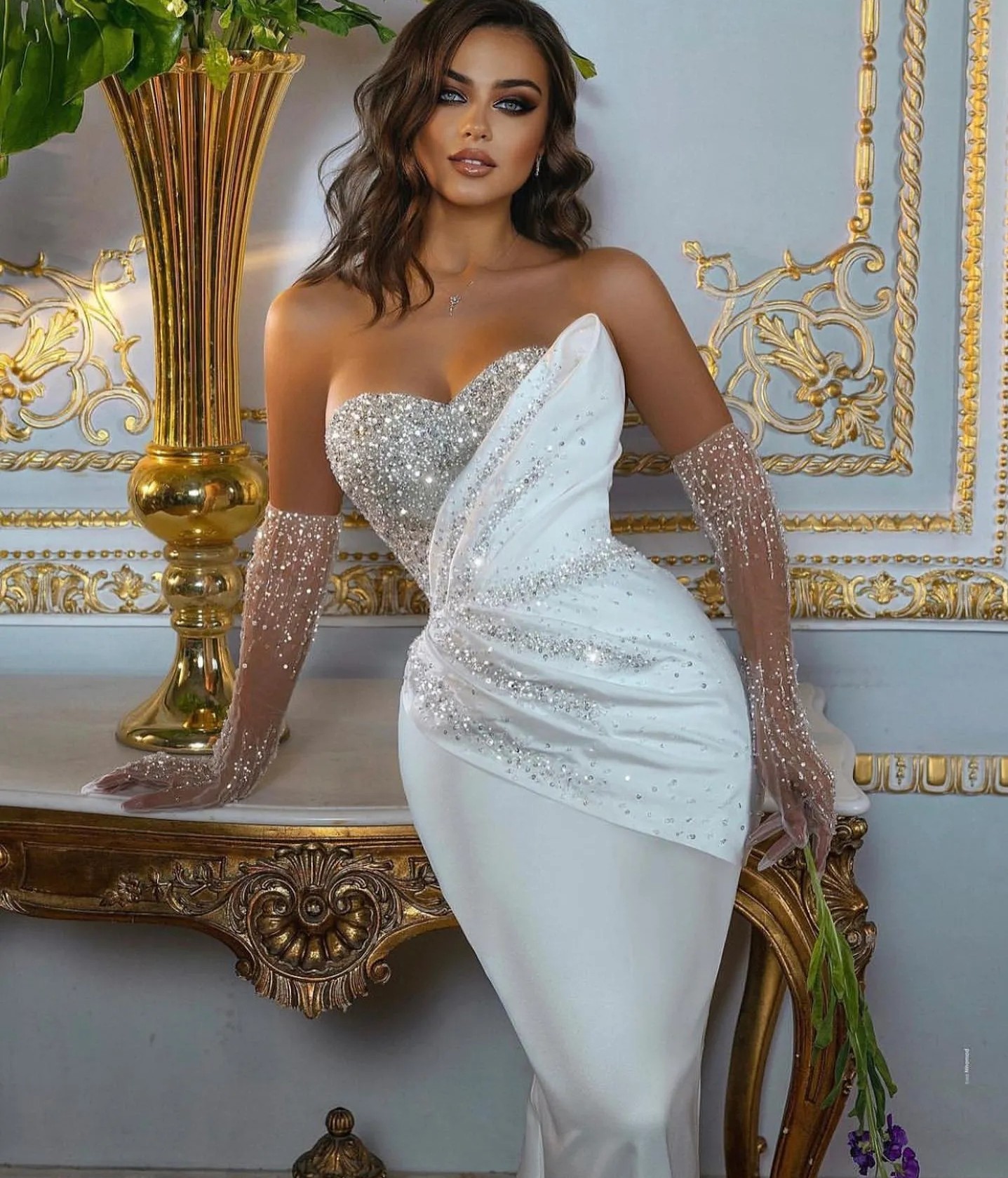 Sparkly Sequins Mermaid Wedding Dress 2024 Princess Sweetheart Beads Satin Sereia Bridal Gowns NO GLOVES Vestidos De Noivas