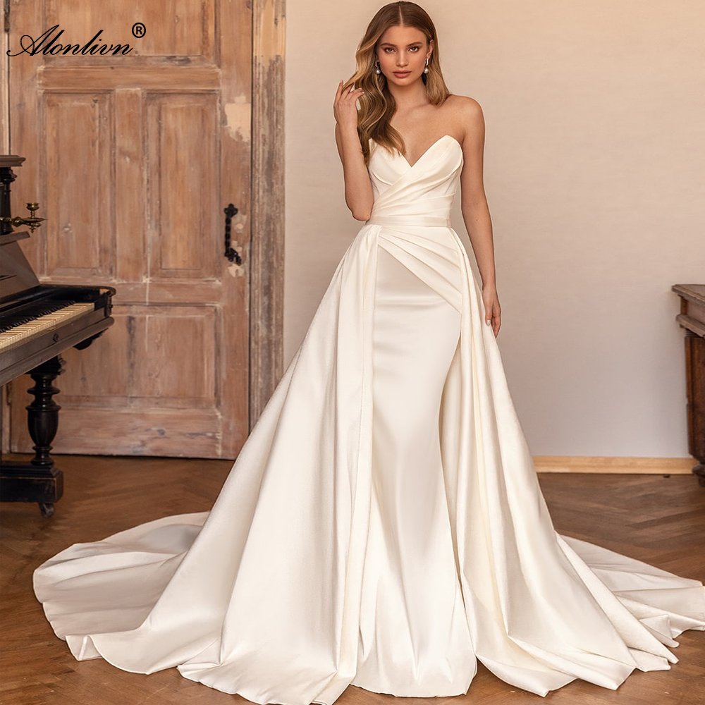 2024 Exquisite Satin Off Shoulder Sleeveless Sweetheart 2 In 1 Mermaid Wedding Dresses Ruched Pleats Trumpet Bridal Gowns New Arrival With Removable T