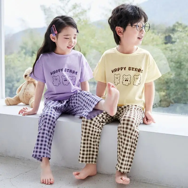 Thiny Yellow Brown Plaid Kids Pajamas Set for Baby Boys Girl 1 to 2 3 4 5 6 7 8 9 10 11 12 Year Plain Children Clothes Homewear 240506