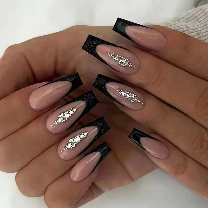 False Nails 24Pcs Simple Funny False Nails Long Coffin Scrawl with French Design Wearable Fake Nails Full Cover Press on Nail Tips Art T240507