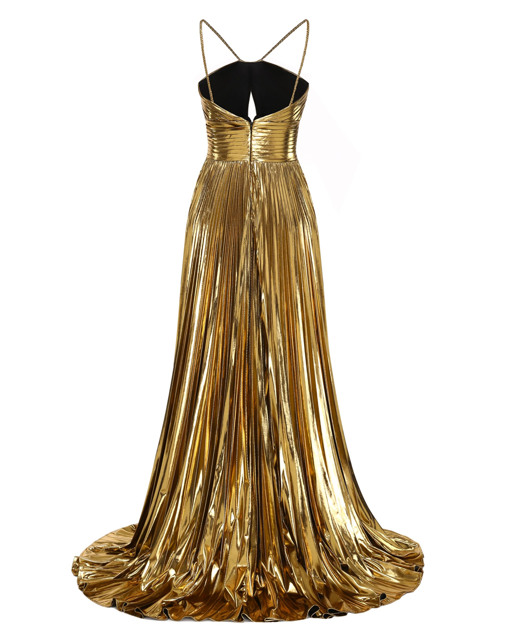 Spaghetti Long Prom Dresses Gold Split Satin Pleats A-Line Sexy Backless Plus Size Formal Occasion Evening Party Gown Pd19