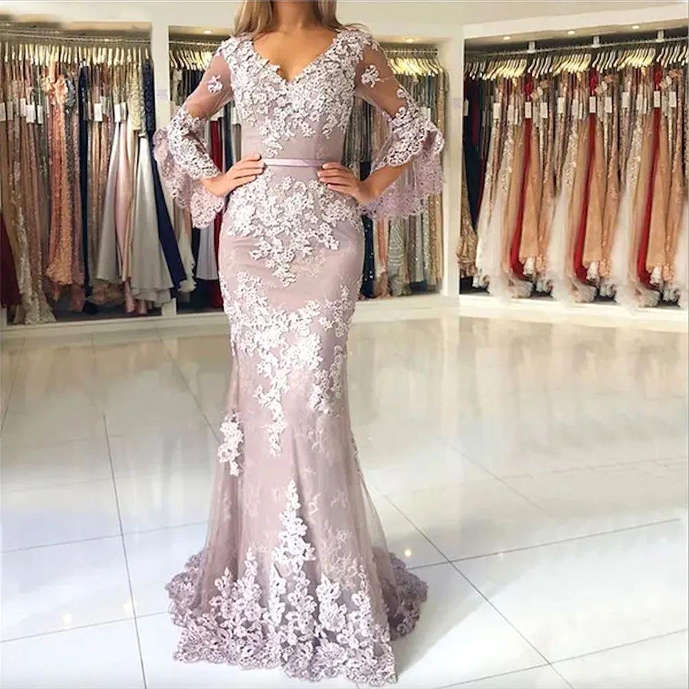 Elegant Mermaid Lace Mother Of The Bride Dresses V Neck Long Sleeves Wedding Guest Dress Floor Length Appliqued Evening Gowns BC18789