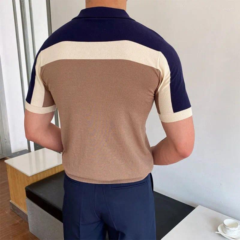 Men's Polos Men Polo Shirts Stripe Patchwork 2024 Casual Knitting Slim Fit Fashion Vintage Mens Short Sleeve Pullover Top Clothing