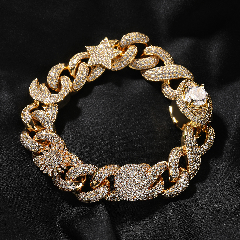 16mm Hip Hop Sun Star Eye Cuban Chain Necklace Bracelets Gold Plated 5A Zircon Men Jewelry Set