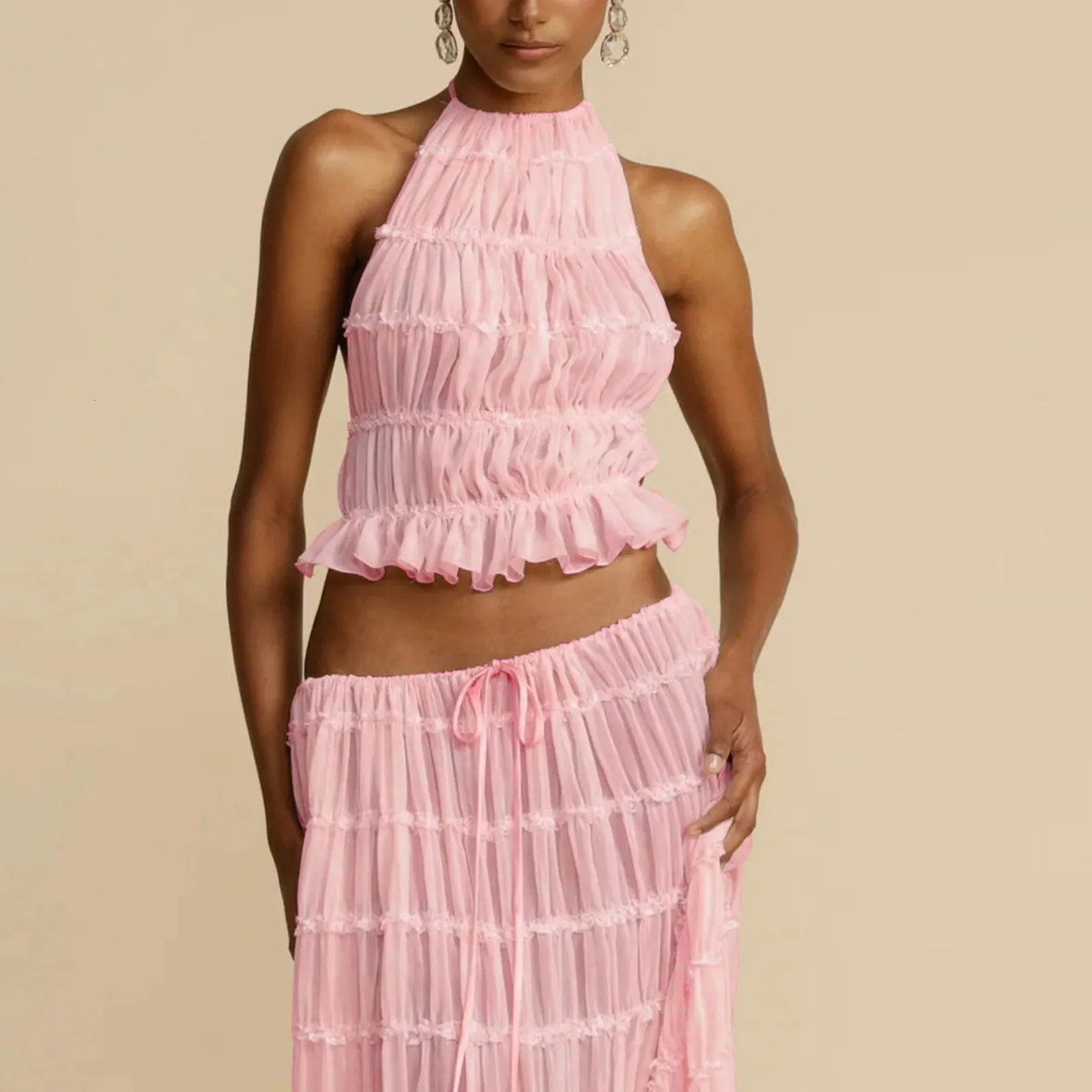Elegant Halter Neck Long Skirt Suit Women Backless Sling Top Lace Up Fold Maxi Skirts Summer Female 2 Piece Set Outfits 240423