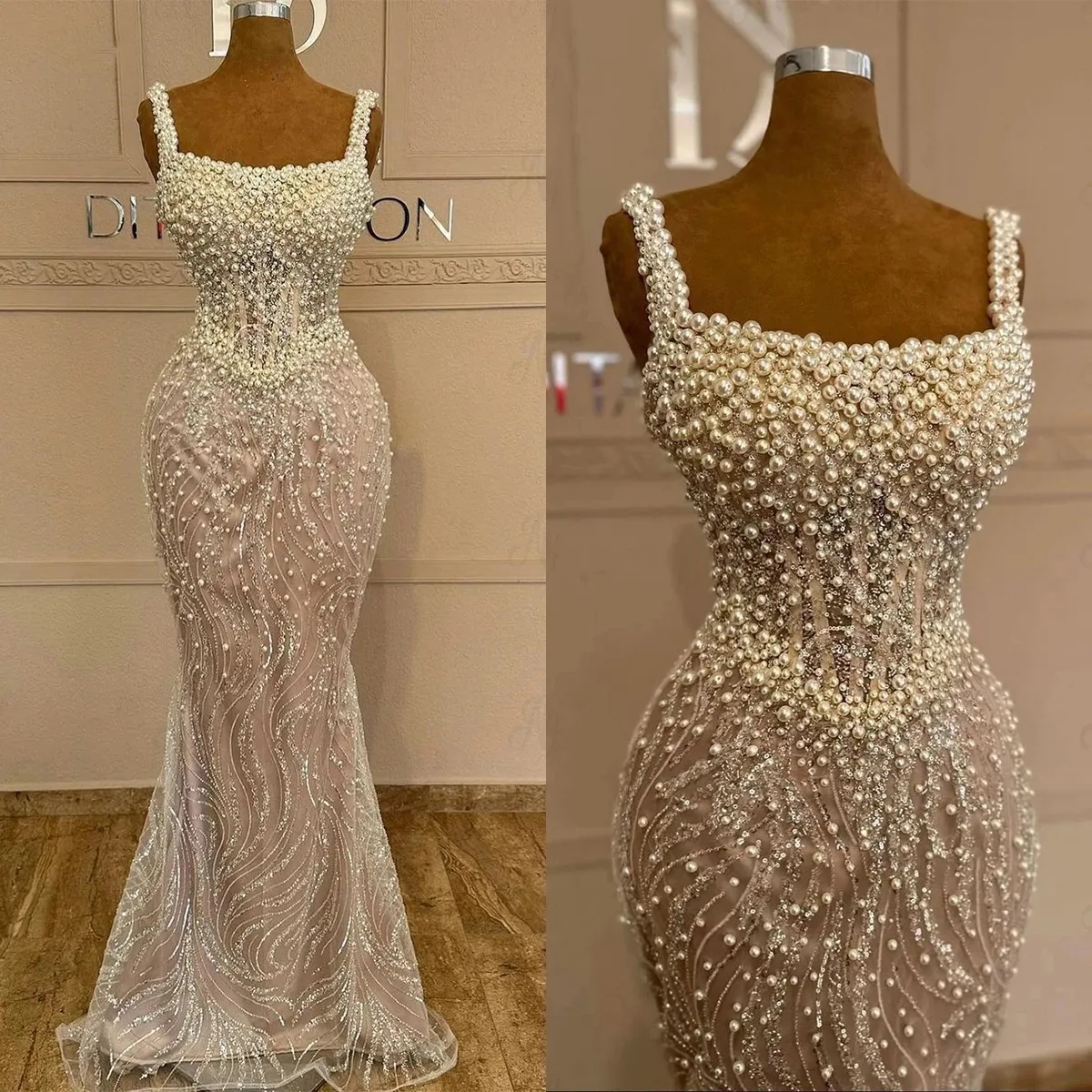 2024 Lace Mermaid Wedding Dress Sparkly Pearls | Sleeveless Trumpet Bridal Gown