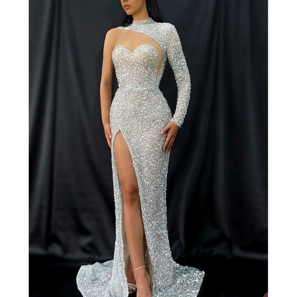 Dresses Jewel One Shoulder Prom Shining Mermaid Illusion Sequined Side Split Backless Zipper Court Gown Custom Made Plus Size Party Dress Vestido De N