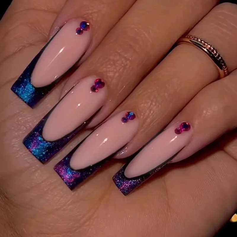 False Nails 24Pcs Long Ballet French False Nails Purple Ripple Design Fake Fingernails with Rhinestone Artificial Coffin Press on Nails T240507