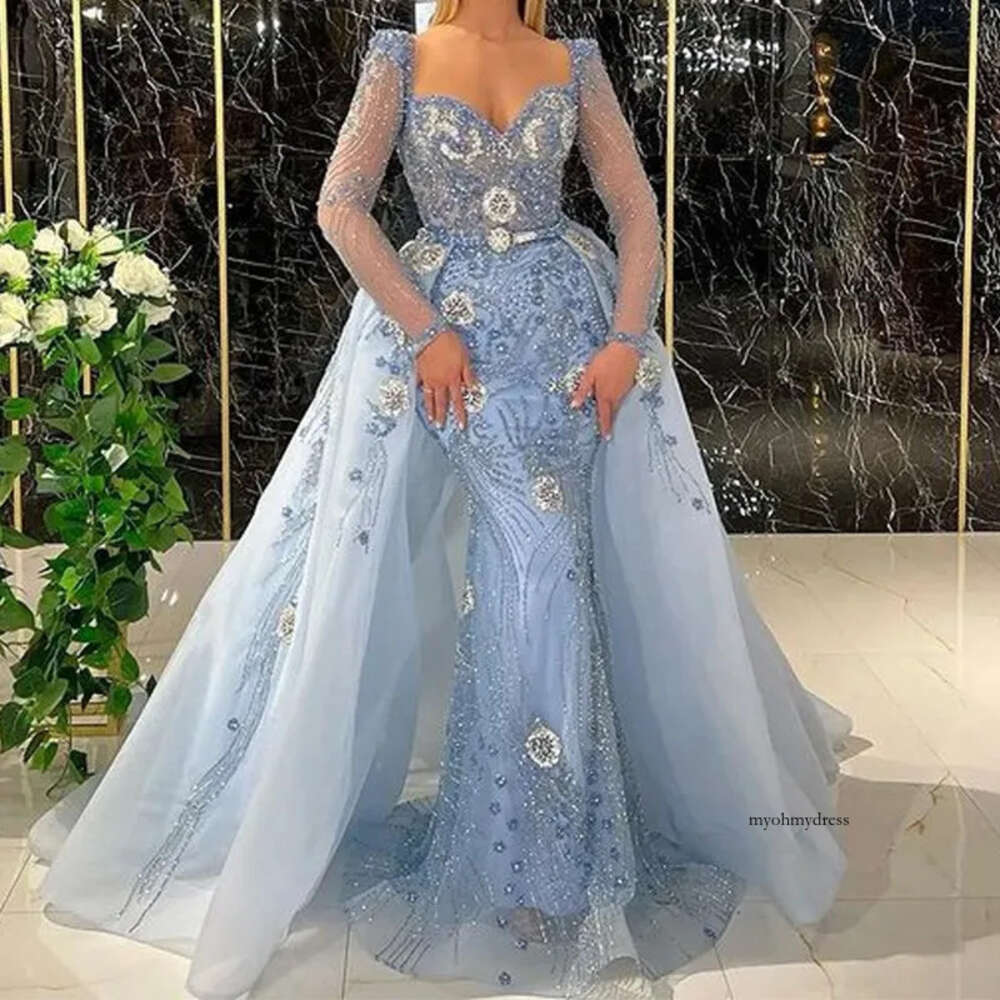 Blu Mrmaid Prom Drsss Princss Lac Appliqus Squins Long Ss Satin Swthart Straplss Floor Lngth Dtachabl Train Party Gowns Plus Siz Custom 0431