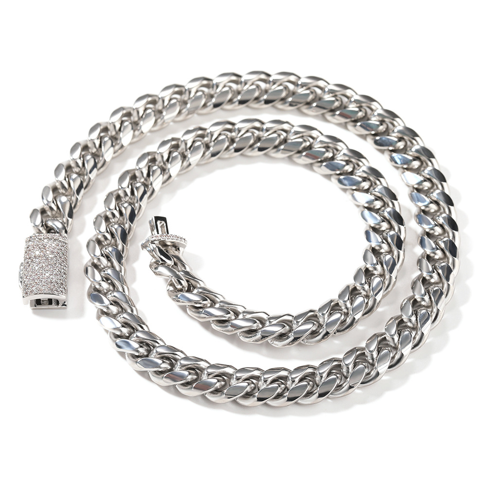 8-12mm Hip Hop Stainless Steel Miami Cuban Chain Bracelet Zircon Clasp Mens Necklace Jewelry