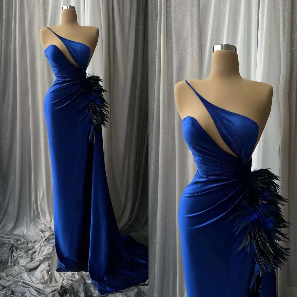 High Elegant Dresses Mermaid Pleats Prom Sleeveless Side Split Feathers Backless Or Length Custom Made Party Dress Plus Size Vestido De Noite