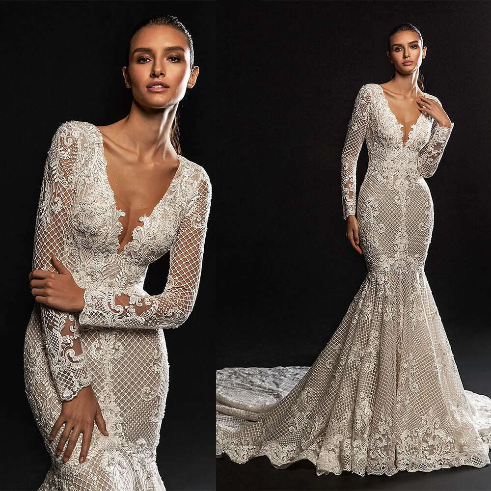 Dresses Wedding V Neck Long Sleeves Mermaid Gorgeous Whole Body Lace Applicants Zipper Chapel Custom Made Plus Size Bridal Gown Vestidos De Novia