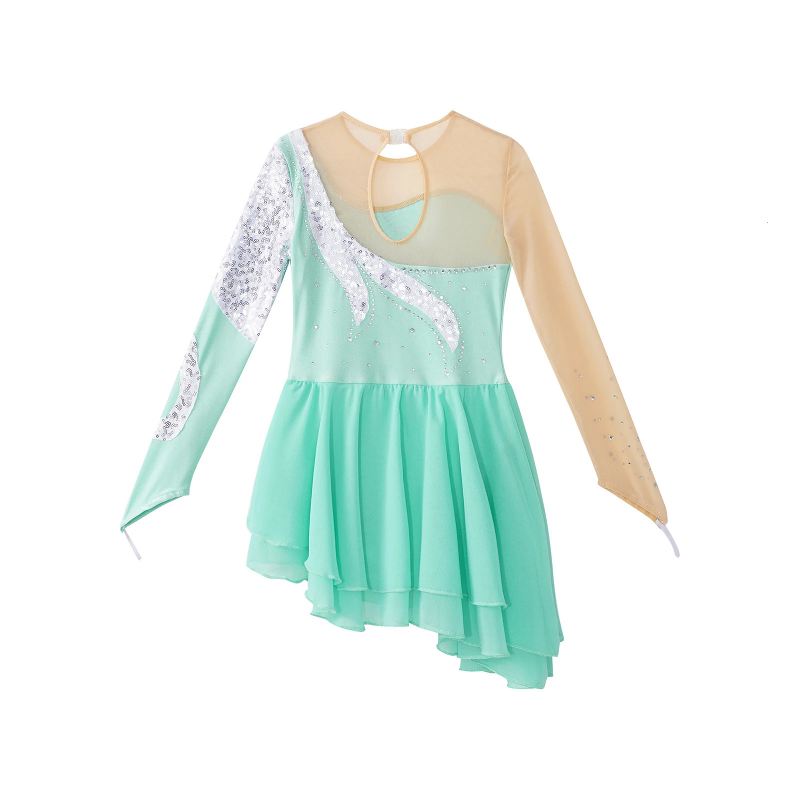 Kids Girls Figure Ice Skating Dress Long Sleeve Floral Sequin Tutu Ballet Gymnastics Leotards Stage Performance Costume 240420