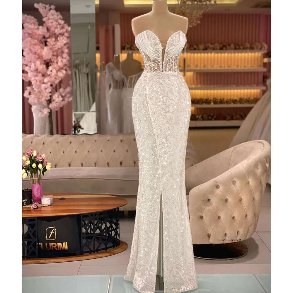 Shiny New Arrival Evening Dresses V Neck Strapless Sleeveless Floor Length Beaded Pearls Lace Side Slit Sequins Appliques Prom Dress Formal Plus Size 