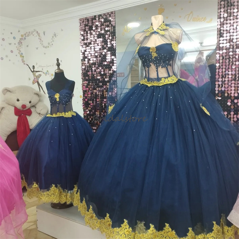 Masquerade Blue Quinceanera Dresses With Cape 2024 Sweetheart Beaded Vestidos De Xv 15 Anos Gold Appliques Fifteen Brithday Dress Gorgeous Sweet 16 Pa