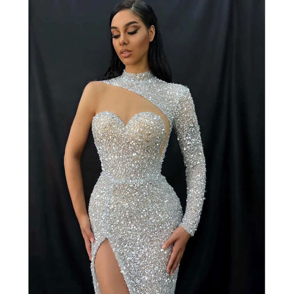 Dresses Jewel One Shoulder Prom Shining Mermaid Illusion Sequined Side Split Backless Zipper Court Gown Custom Made Plus Size Party Dress Vestido De N