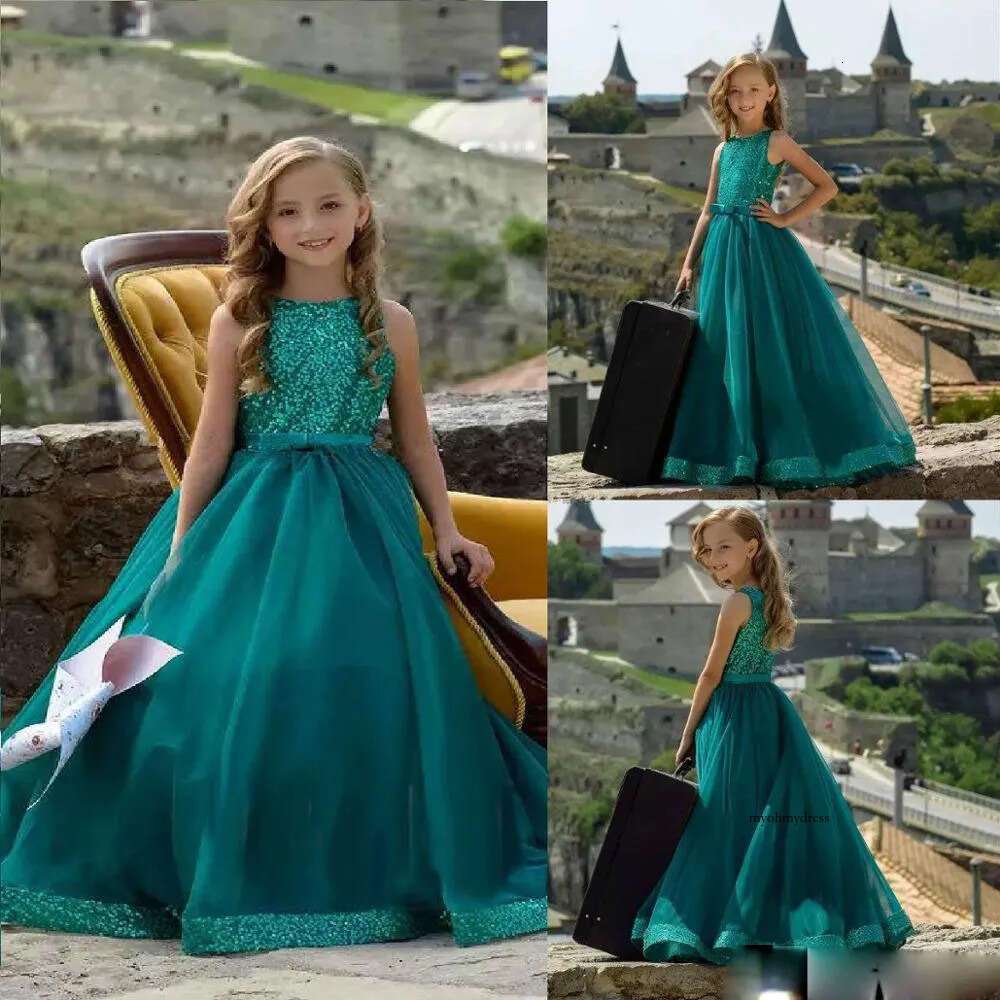 Newest A Line Flower Girl Jewel Neck Sleeveless Sequins Sash Wedding Dress Floor Length Girl's Birthday Part 0431