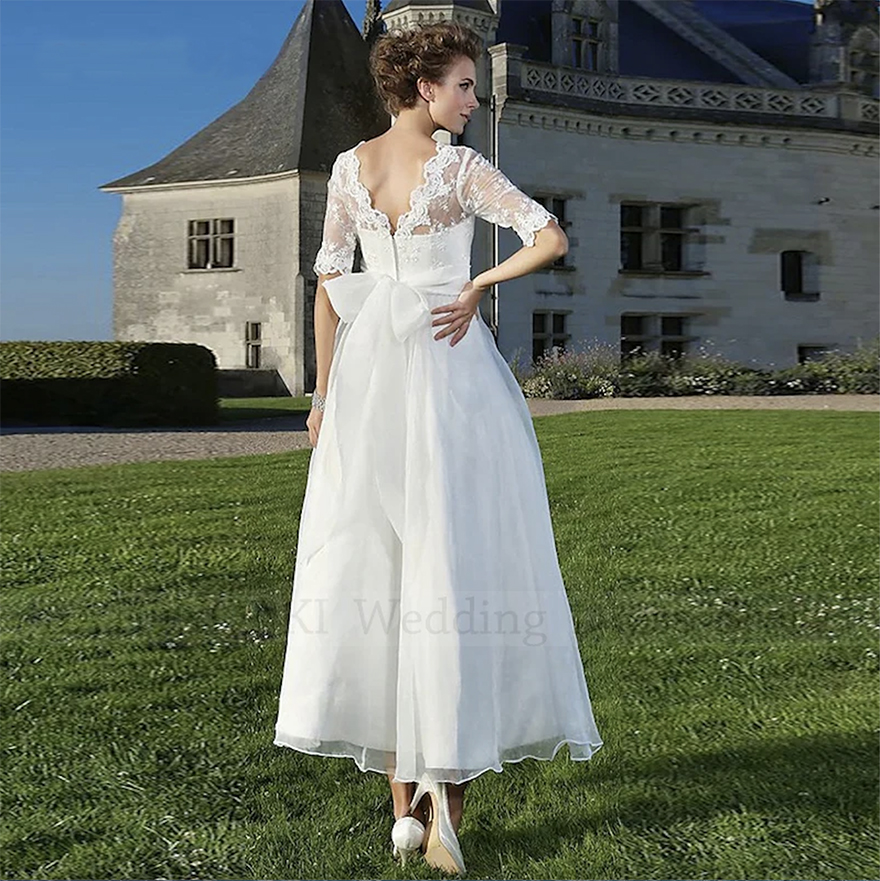 Vestidos De Novia Elegant Boho Lace Short Wedding Dress 2024 for Women Applique Half Sleeve Ankle Length Bridal Gown Robe Mariee