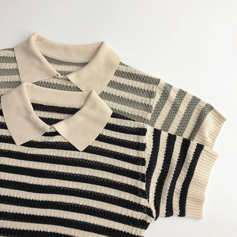 Spring Autumn Children Knitting Hollow Out Polo Shirt Girl Baby Loose Short Sleeve Pullover Tops Boy Kid Casual Striped Tees 240506