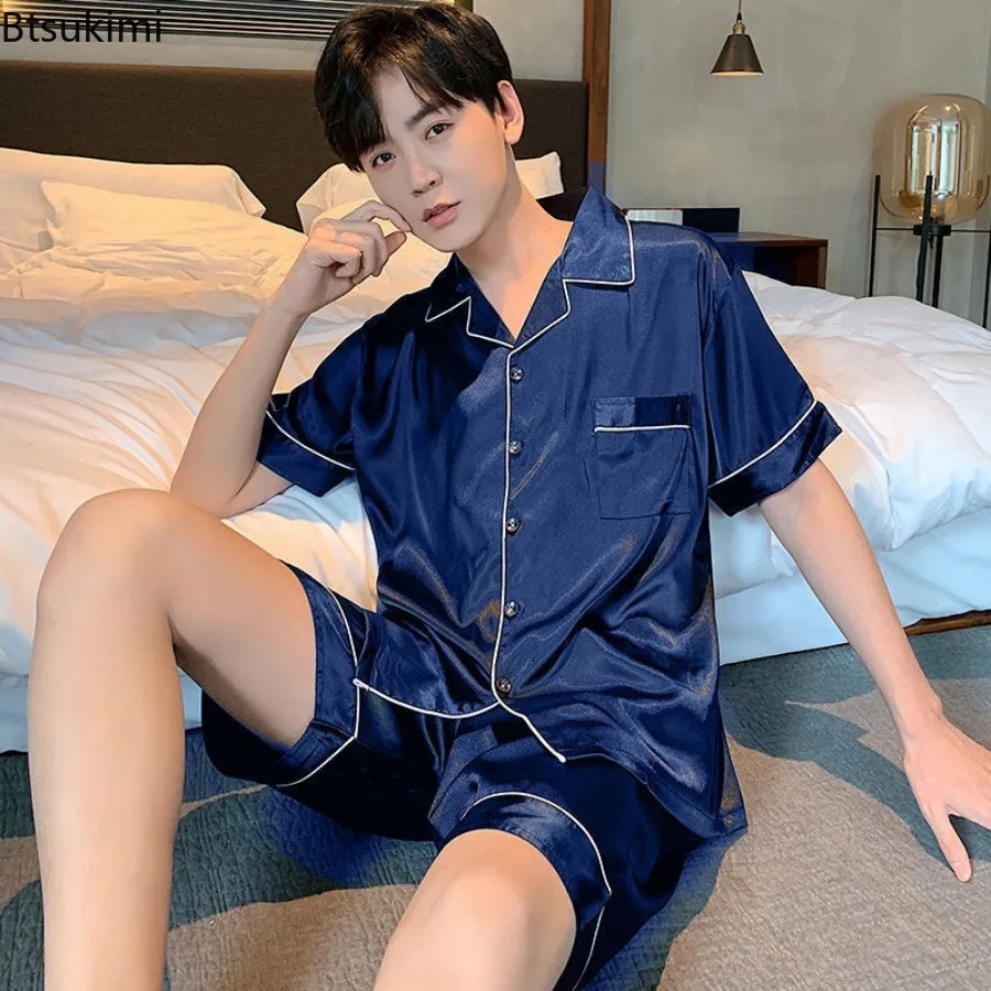 2024 Mens Casual Sleepwear Sets Silk Satin Pajamas Pants Set Button-Down Pyjamas Suit Pijama Male Loungewear Plus Size Pj Set 240428