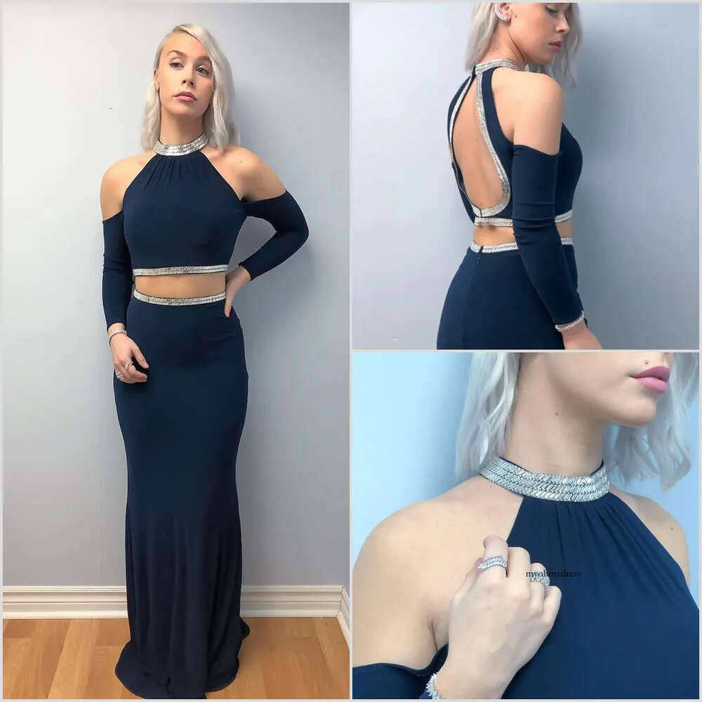 Customized Mermaid Sleeveless Two Pieces Prom Dresses Halter Evening Dress Satin Floor Length Hollow Formal Party Bridesmaid Gown 0431