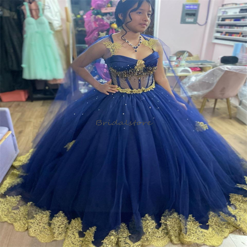Masquerade Blue Quinceanera Dresses With Cape 2024 Sweetheart Beaded Vestidos De Xv 15 Anos Gold Appliques Fifteen Brithday Dress Gorgeous Sweet 16 Pa