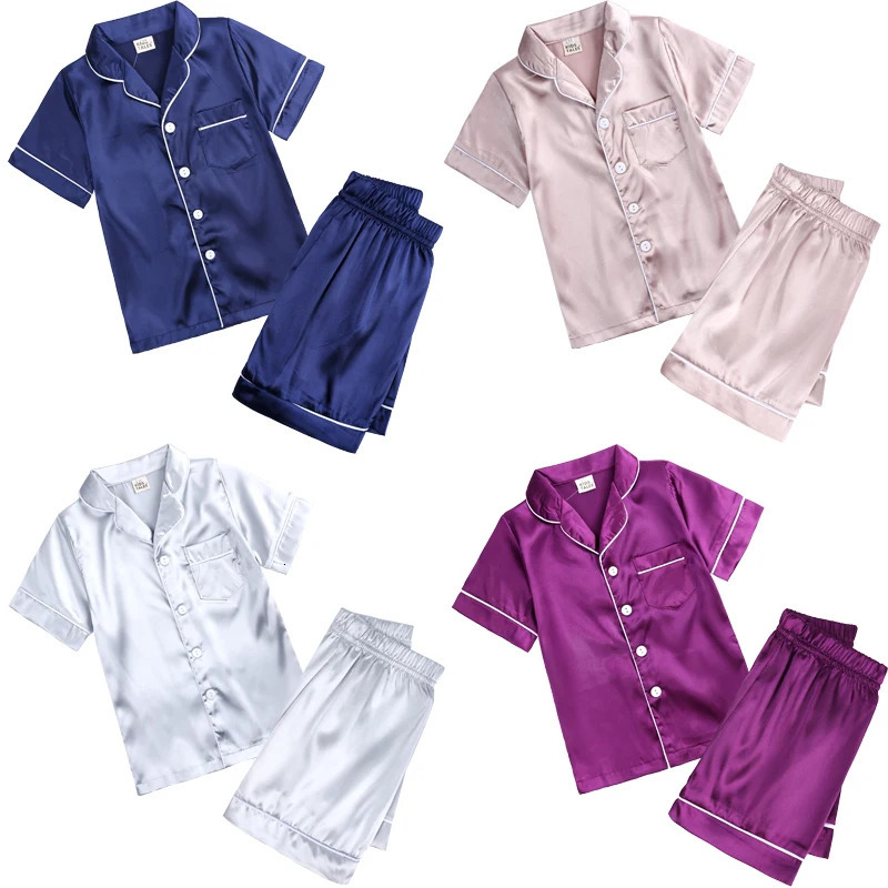 Summer Pajama Sets for Girls Silk Satin TopPant Long sleeve Solid Silky Pyjamas Nightgown Children Sleepwear for Boys Clothes 240506