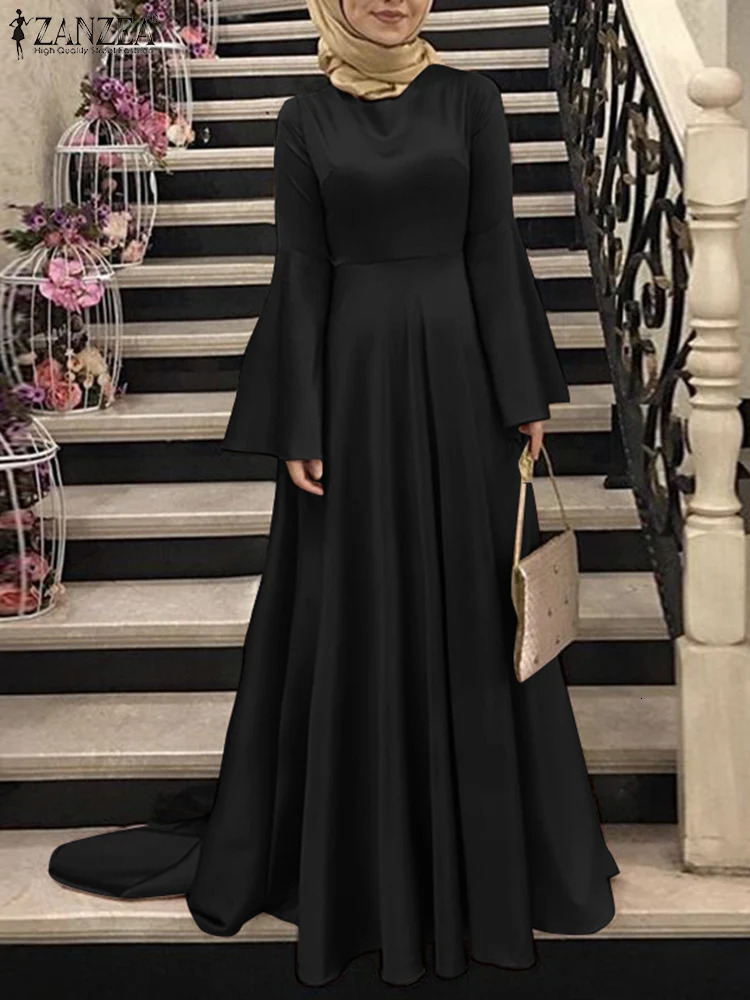 Spring Muslim TDress ZANZEA Women Elegant Long Flare Sleeve Satin Dress Casual Ramadan urkey Abaya Hijab Sundress Robe Femme 240506