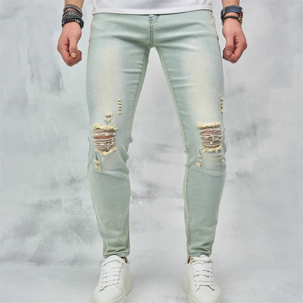 Men's Jeans Vintage Blue Simple Solid Holes Skinny Men Jeans Trousers Stylish Ripped Stretch Male Cotton Casual Denim Pants Y240507