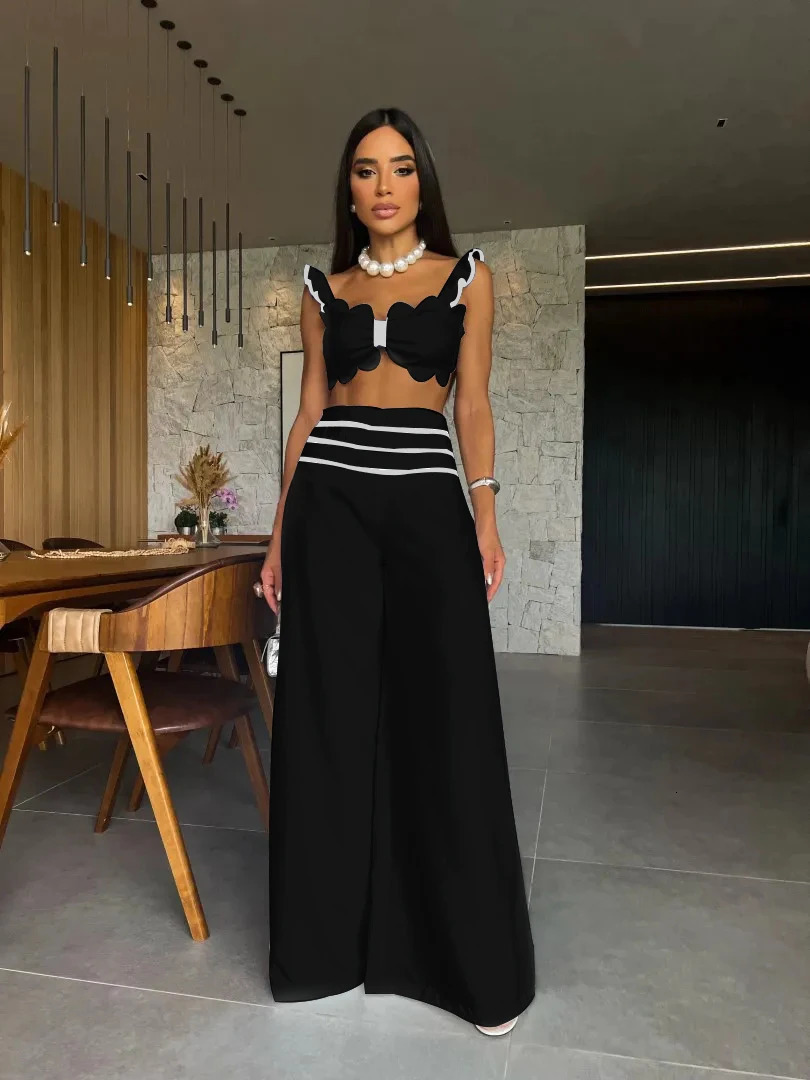 Two Piece Set With Pants Summer Elegant Solid Women Deep V Square Collar Sexy Short Top Wide Leg Pants Suit Office Lady Clothing 240506