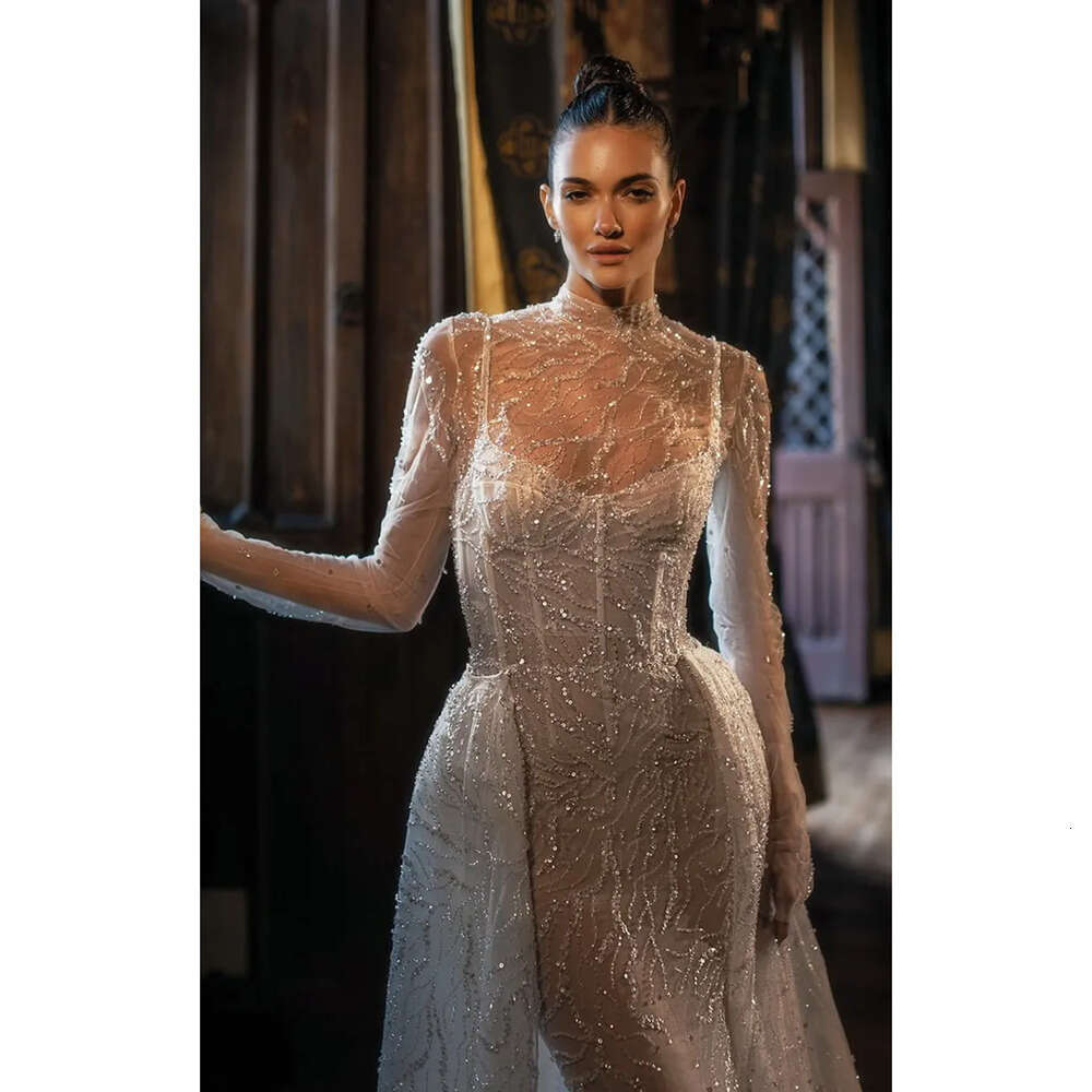 Neck High Dresses Charming Wedding Sequins Mermaid Appliques Detachable Sweep Train Tulle Custom Made Plus Size Sexy Bridal Gown Vestidos De Novia 091