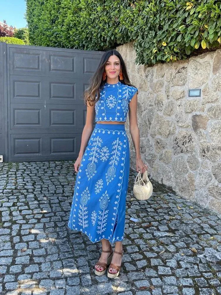 Summer Women Printed Patchwork Sleeveless Cropped Top Long Skirt Suit High Waisted Pattern Outfits 2 Pieces Set 240423